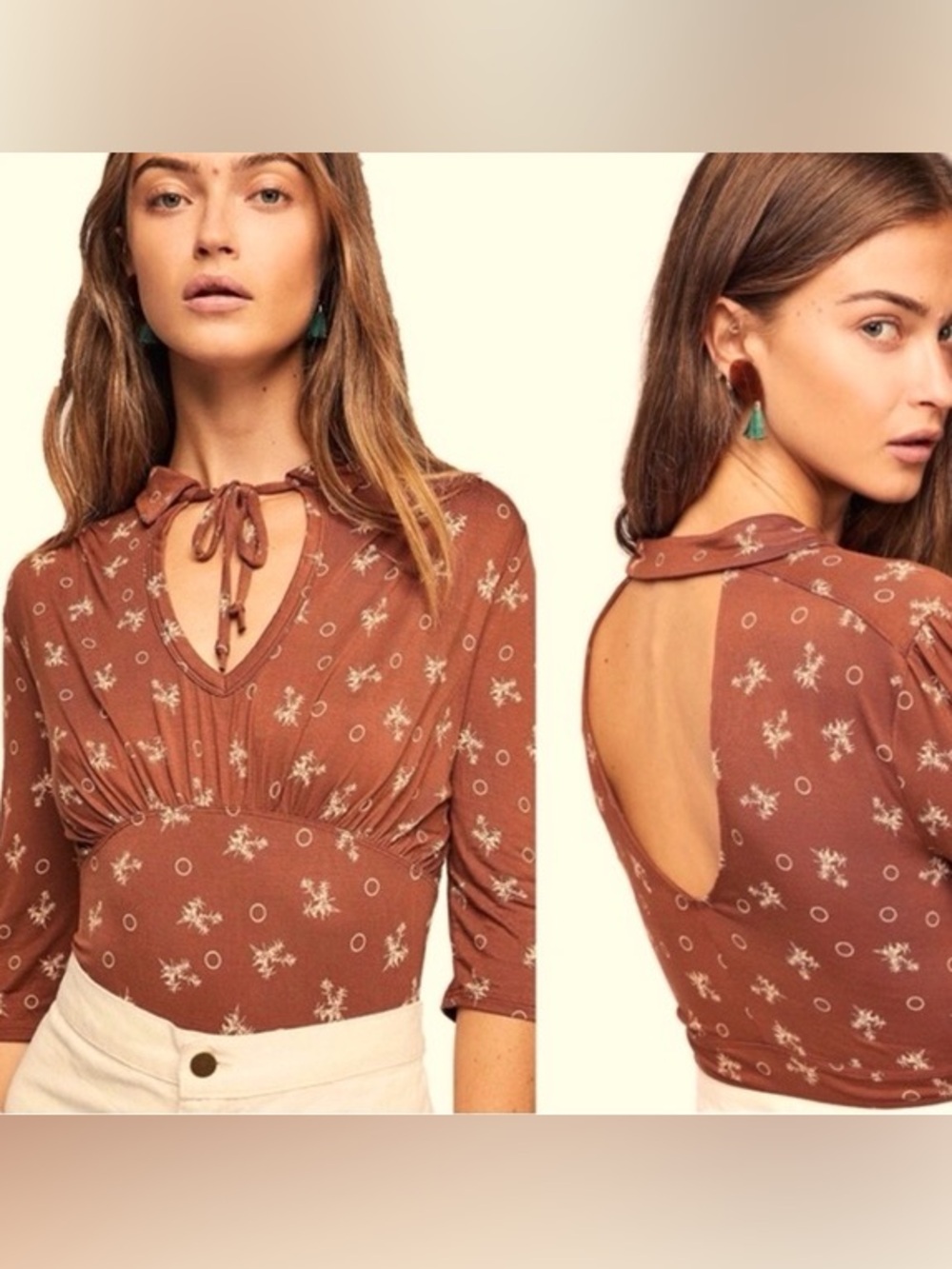 Free People Soraya Printed Top in a bohemian copper  Tie-Neck Women’s Sz XS